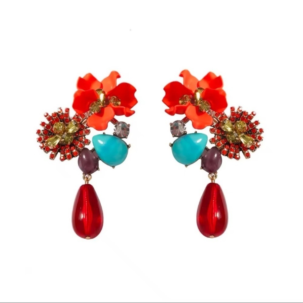 Floral Orange Gemstone Drop Earrings - Picture 5 of 7